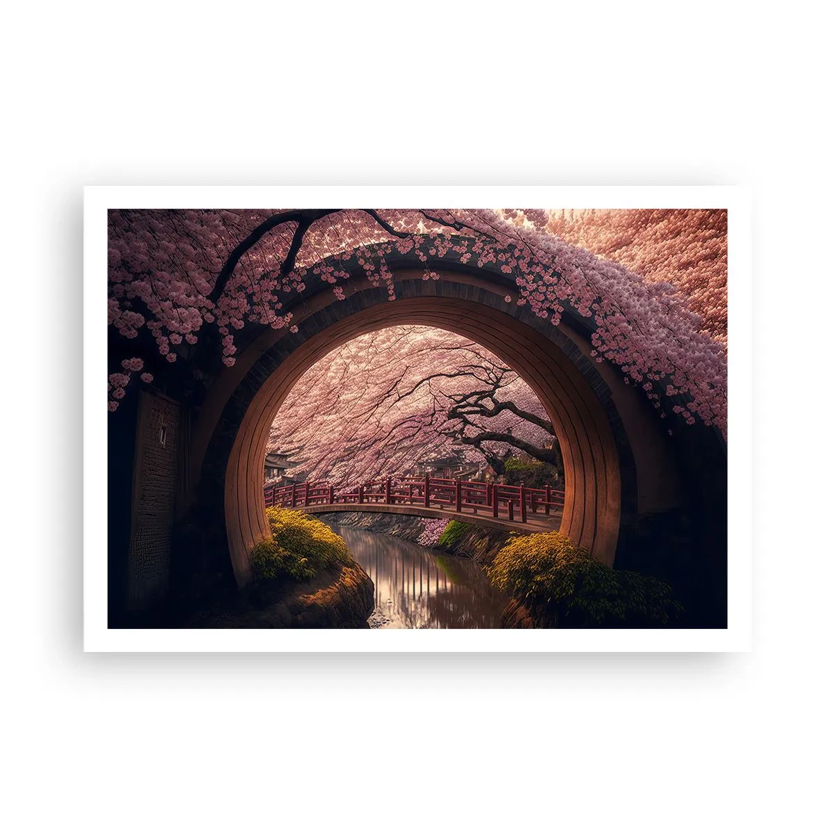 Affiche - Poster - Un pont japonais traditionnel entouré de fleurs de cerisier - 100x70cm - Printemps japonais - Décoration murale moderne pour le salon et la chambre ARTTOR