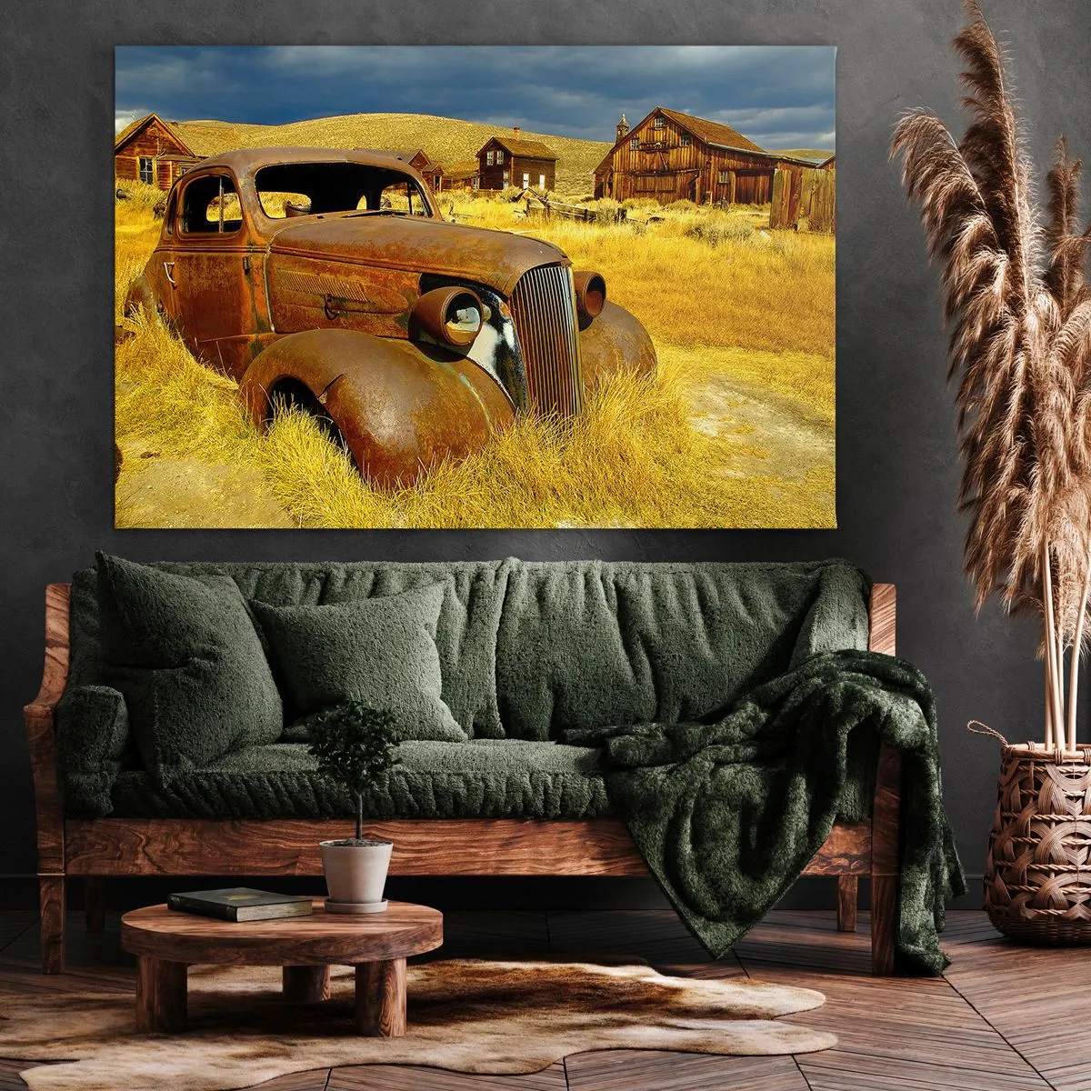 Impression sur toile - Image sur toile - Une vieille voiture rouillée sur fond de cabanes en bois abandonnées - 120x80cm - Repos bien mérité - Décoration murale moderne pour le salon et la chambre ARTTOR