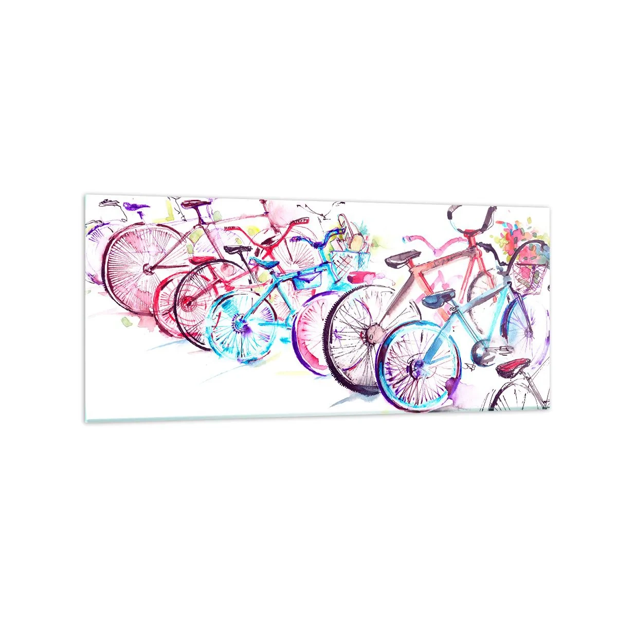 Impression sur verre - Image sur verre - Vélos colorés dans un style aquarelle artistique - 120x50cm - Congrès du club Antymoto - Décoration murale moderne pour le salon et la chambre ARTTOR