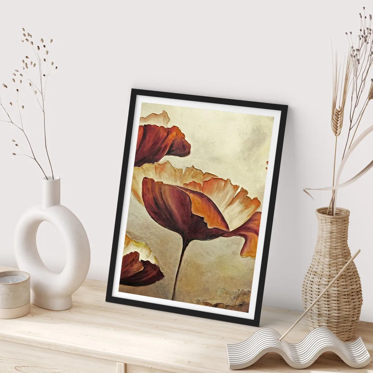 Affiche dans un cadre noir - Poster - Une image de coquelicots aux tons chauds - 50x70cm - À la lisière des champs - Décoration murale moderne pour le salon et la chambre ARTTOR