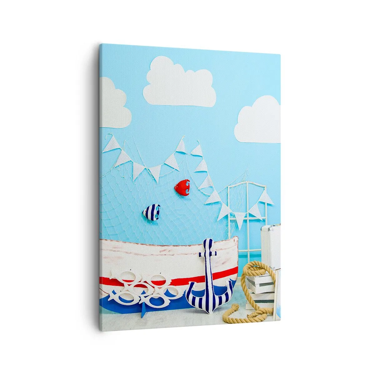 Impression sur toile - Image sur toile - Décoration nautique avec un bateau et des accessoires sur fond bleu - 50x70cm - Nostalgie infantile de l'aventure - Décoration murale moderne pour le salon et la chambre ARTTOR