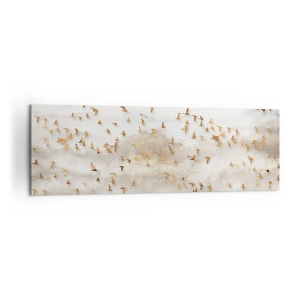 Impression sur toile - Image sur toile - Oiseaux dorés contre les montagnes brumeuses - 160x50cm - Il est l'heure… - Décoration murale moderne pour le salon et la chambre ARTTOR