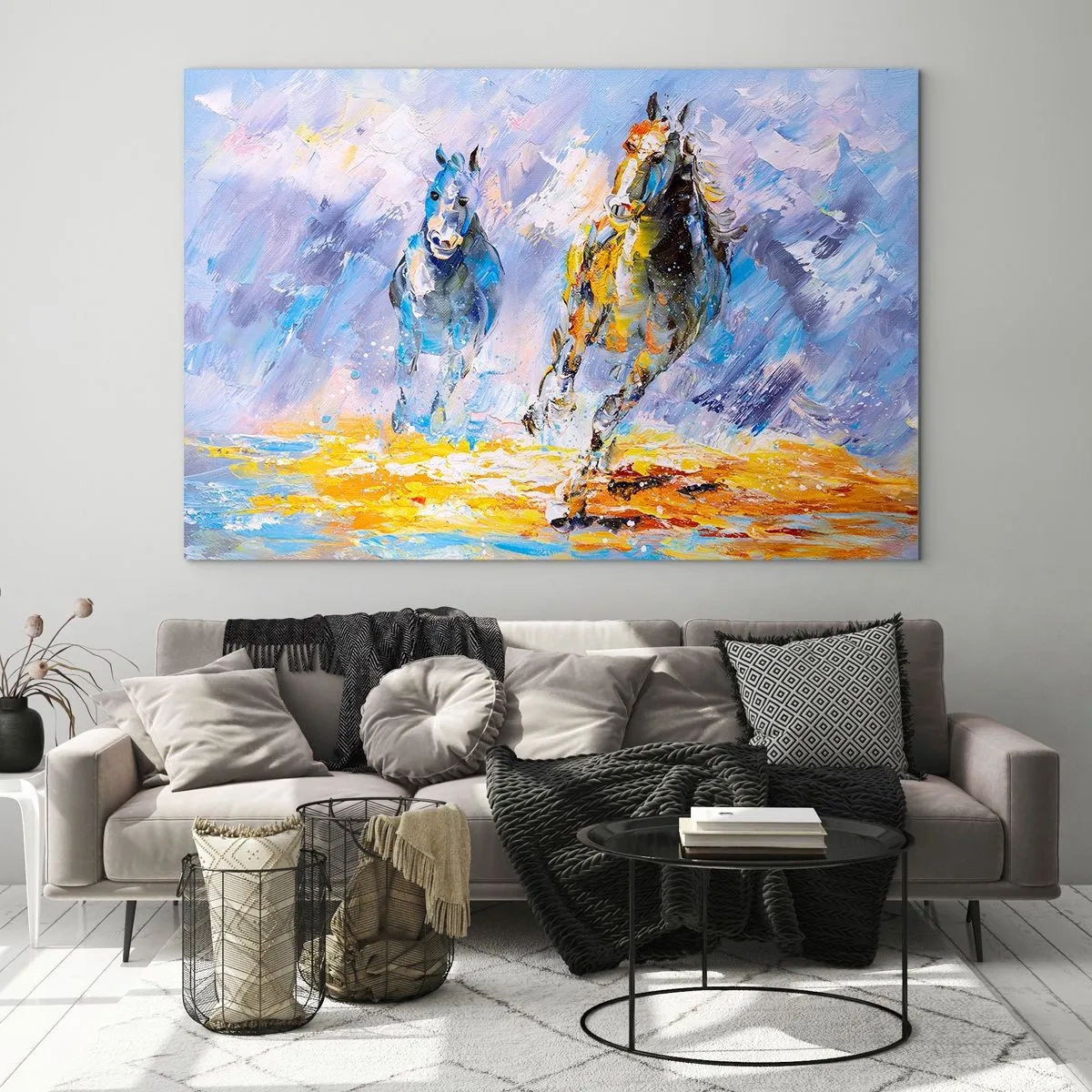 Impression sur verre - Image sur verre - Deux chevaux galopant dans l'eau dans un style artistique - 70x50cm - À travers l'éblouissement du galop - Décoration murale moderne pour le salon et la chambre ARTTOR