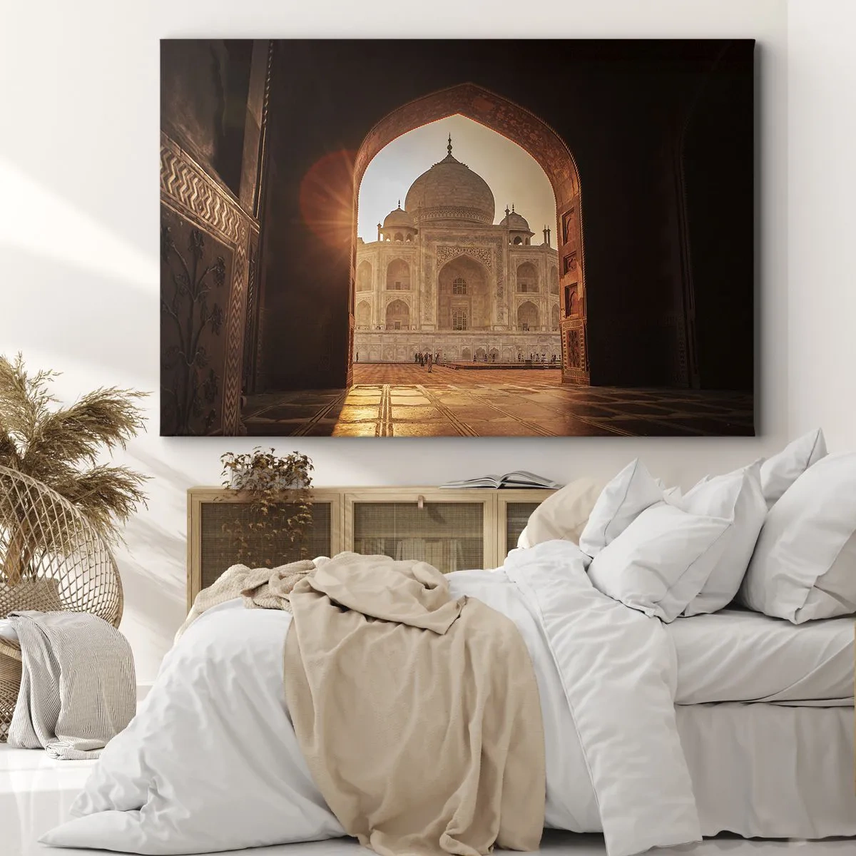 Impression sur toile - Image sur toile - Le Taj Mahal au soleil vu depuis l'arche de la porte - 120x80cm - Un monument à l'amour surnaturel - Décoration murale moderne pour le salon et la chambre ARTTOR