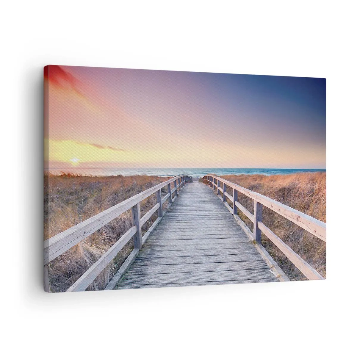 Impression sur toile - Image sur toile - Une jetée en bois menant à la plage au coucher du soleil avec le ciel peint de couleurs pastel. - 70x50cm - Aurore baltique du soir - Décoration murale moderne pour le salon et la chambre ARTTOR