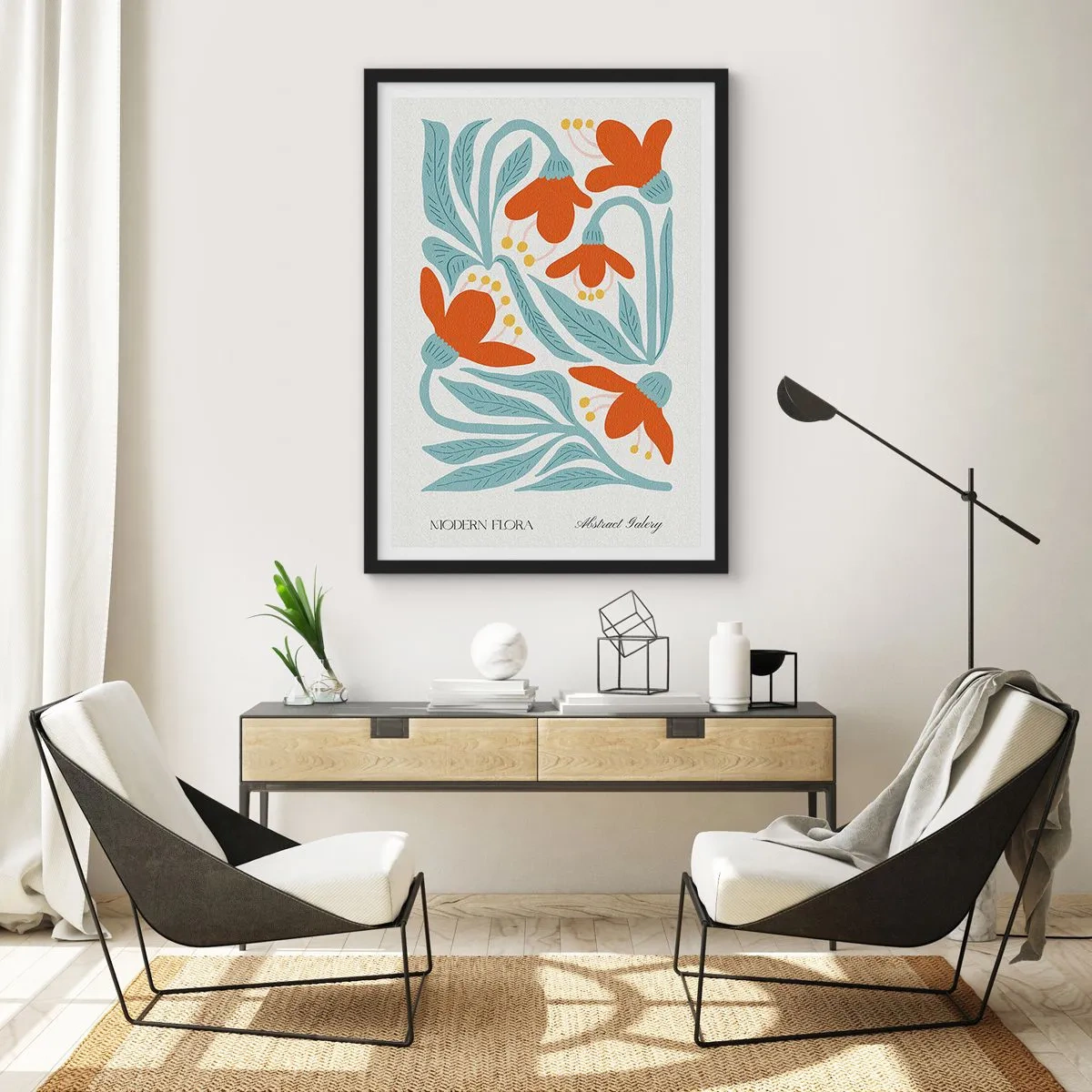 Affiche dans un cadre noir - Poster - Fleurs décoratives dans les tons orange et bleu - 50x70cm - Vers la terre, vers le soleil - Décoration murale moderne pour le salon et la chambre ARTTOR