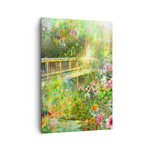 Impression sur toile - Image sur toile - Un pont entouré d'une végétation luxuriante et de fleurs - 70x100cm - Le soupire d'un pont de printemps - Décoration murale moderne pour le salon et la chambre ARTTOR