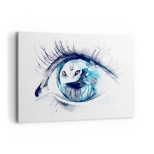 Impression sur toile - Image sur toile - Un œil avec une image d'un hibou dans des tons bleus à l'aquarelle - 100x70cm - Face à face avec la nature sauvage - Décoration murale moderne pour le salon et la chambre ARTTOR