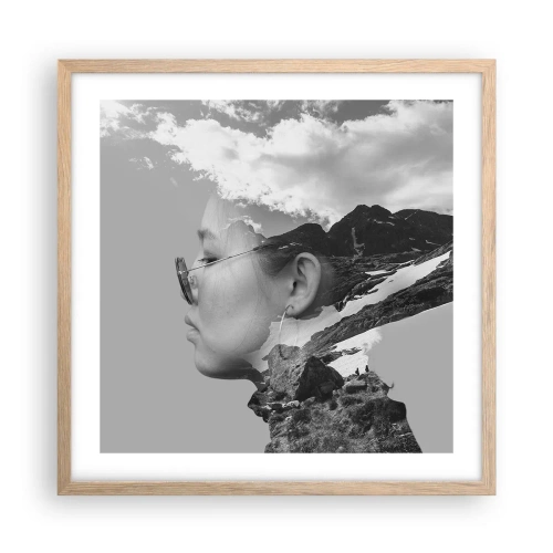 Affiche dans un chêne clair - Poster - Portrait de montagnes et nuages - 50x50 cm