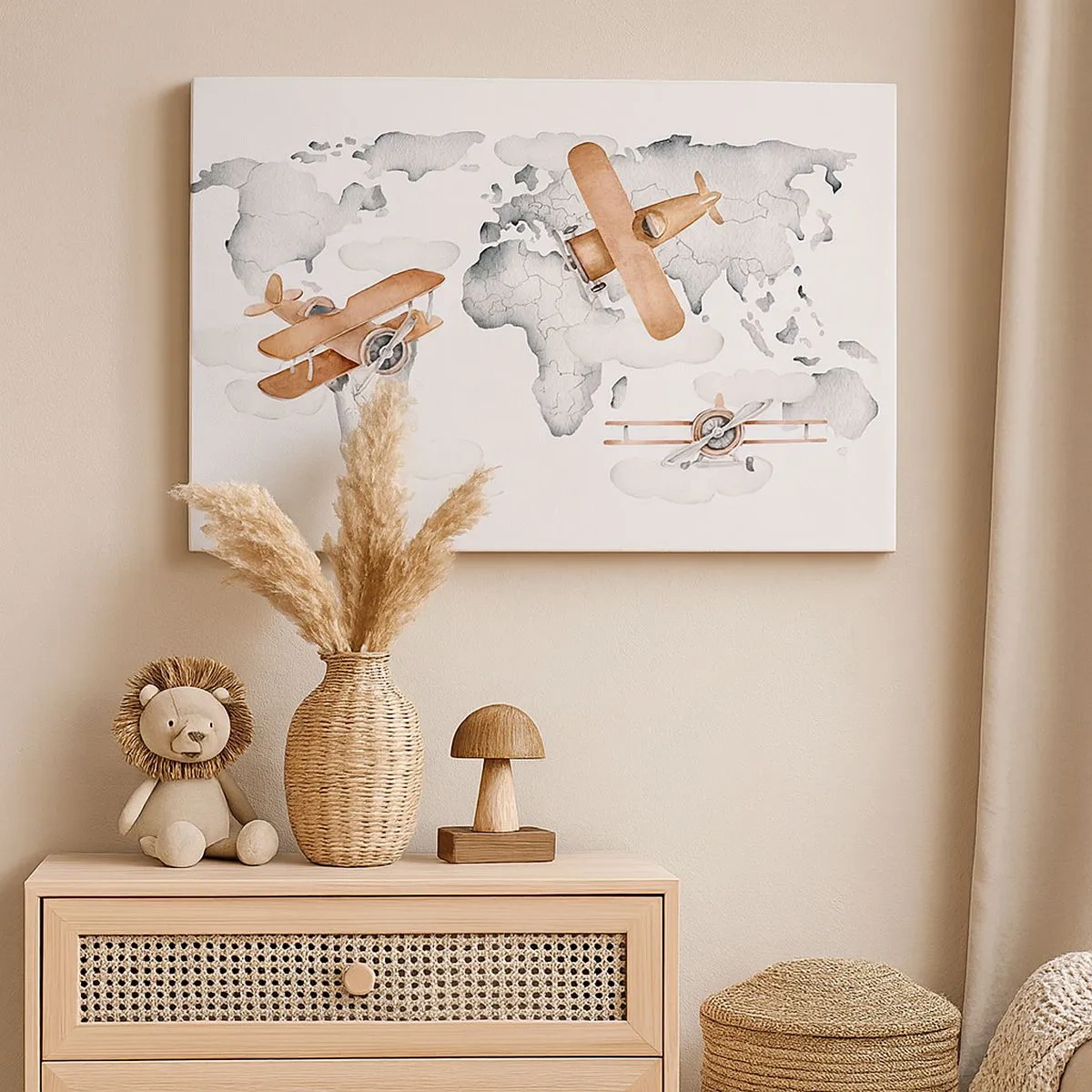 Impression sur toile - Image sur toile - Illustration d'une carte du monde avec des avions - 70x50cm - Dans un esprit pionnier - Décoration murale moderne pour le salon et la chambre ARTTOR