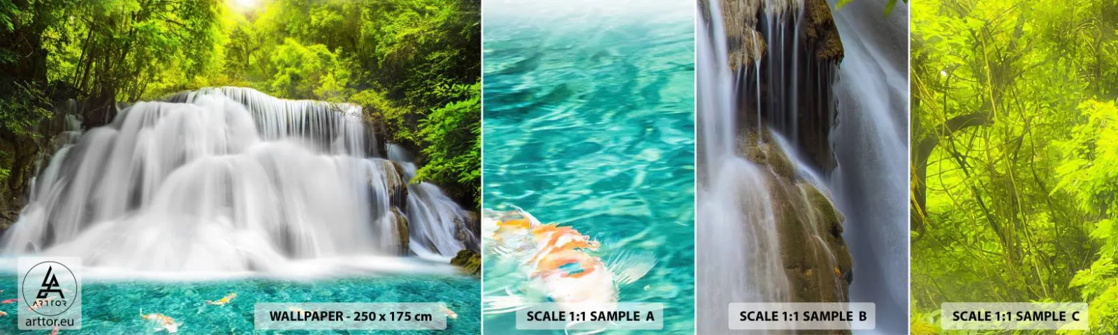 Échantillon De Papier Peint Standard Eco - Une cascade mousseuse du vert à l'azur - Paysage, Cascade, parc national - 100x30 cm