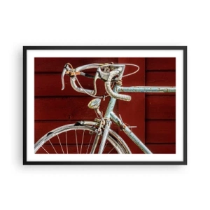 Affiche dans un cadre noir - Poster - Un vélo vintage contre un mur en bois rouge - 70x50cm - Construit pour la victoire - Décoration murale moderne pour le salon et la chambre ARTTOR