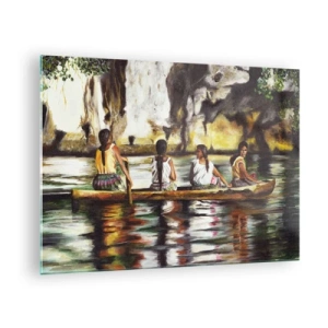 Impression sur verre - Image sur verre - Femmes dans un bateau sur fond de rochers et d'eau pittoresques - 70x50cm - Dans un paradis polynésien - Décoration murale moderne pour le salon et la chambre ARTTOR