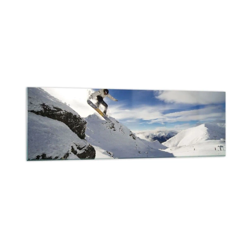 Impression sur verre - Image sur verre - Un snowboardeur saute d'une falaise avec des montagnes enneigées en arrière-plan. - 160x50cm - Liberté sans limite - Décoration murale moderne pour le salon et la chambre ARTTOR