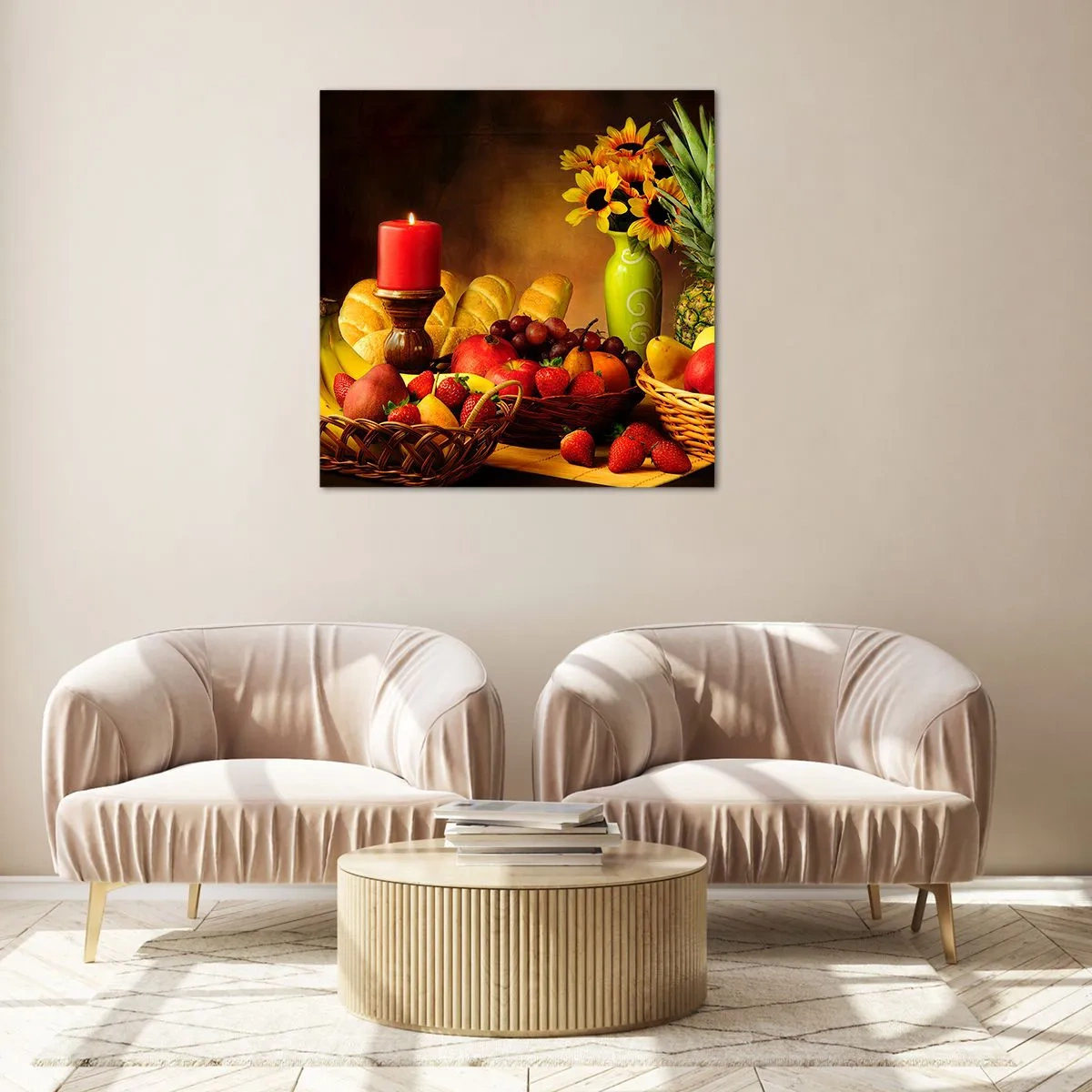 Impression sur verre - Image sur verre - Nature morte de pain et de fruits - 70x70 cm