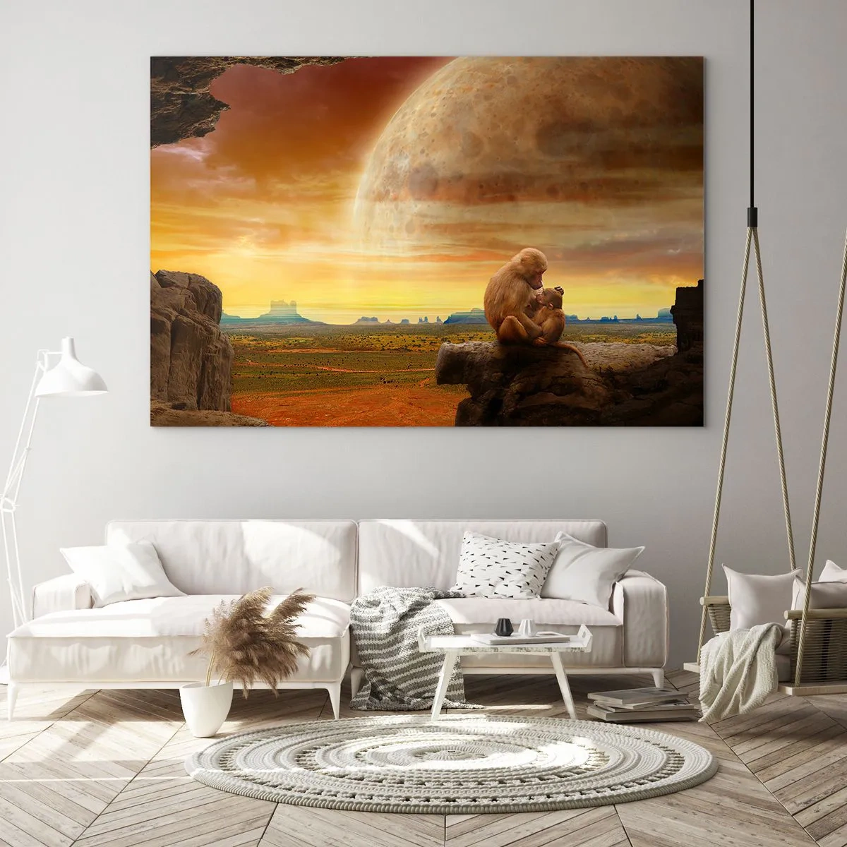 Impression sur verre - Image sur verre - Des singes assis sur un rocher avec une énorme lune en arrière-plan - 70x50cm - L'amour est le même partout - Décoration murale moderne pour le salon et la chambre ARTTOR
