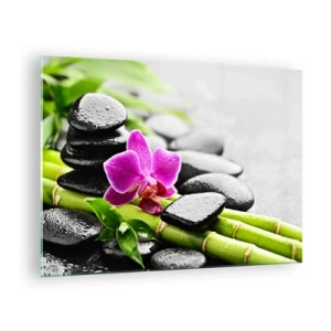 Impression sur verre - Image sur verre - Orchidée, pierres noires et bambou dans un arrangement tranquille - 70x50cm - Dans un équilibre de calme - Décoration murale moderne pour le salon et la chambre ARTTOR