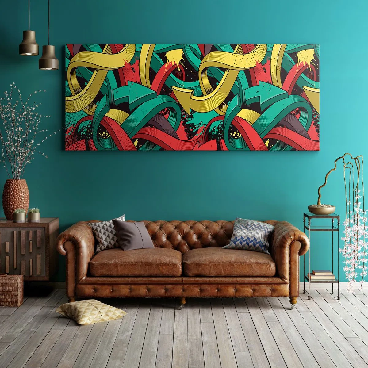 Impression sur toile - Image sur toile - Des flèches abstraites aux couleurs vives créant le chaos - 120x50cm - Quel chemin vers le but ? - Décoration murale moderne pour le salon et la chambre ARTTOR