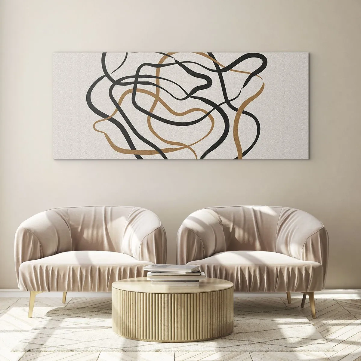 Impression sur verre - Image sur verre - Lignes emmêlées en noir et or sur fond clair - 140x50cm - Tout s'est mal déroulé - Décoration murale moderne pour le salon et la chambre ARTTOR