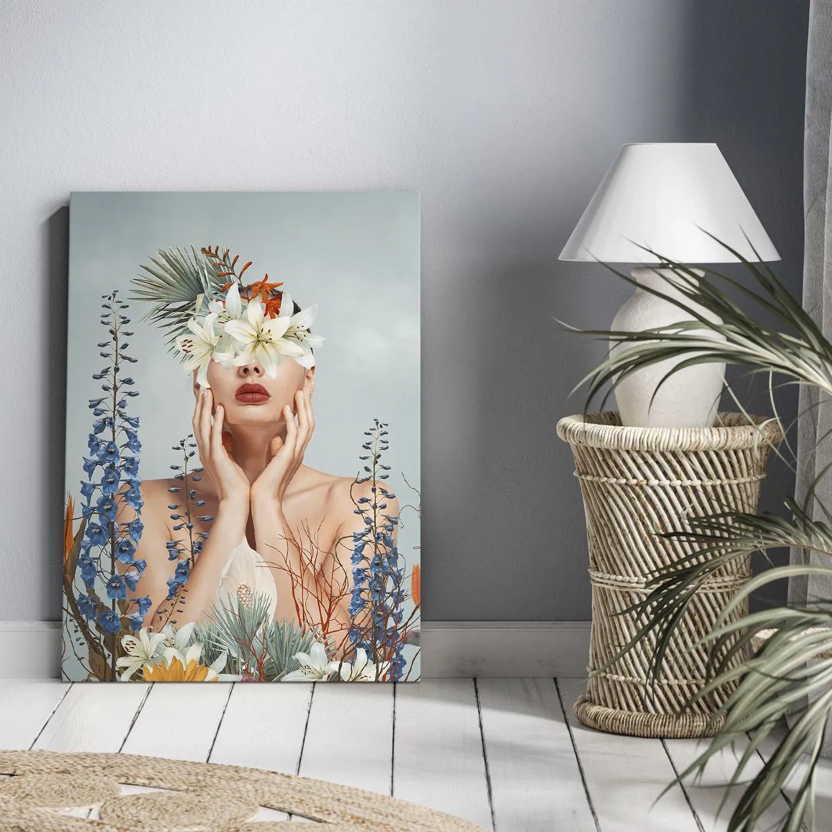 Impression sur toile - Image sur toile - Portrait d'une femme avec un motif floral sur fond bleu - 70x100cm - Femme - fleur - Décoration murale moderne pour le salon et la chambre ARTTOR