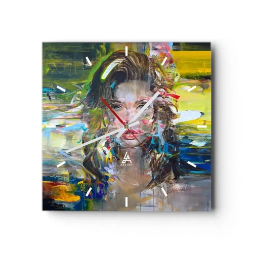 Horloge murale - Pendule murale - Portrait abstrait d'une femme aux couleurs intenses - 30x30cm - Derrière l'air, un rideau - Décoration murale moderne pour le salon et la chambre ARTTOR