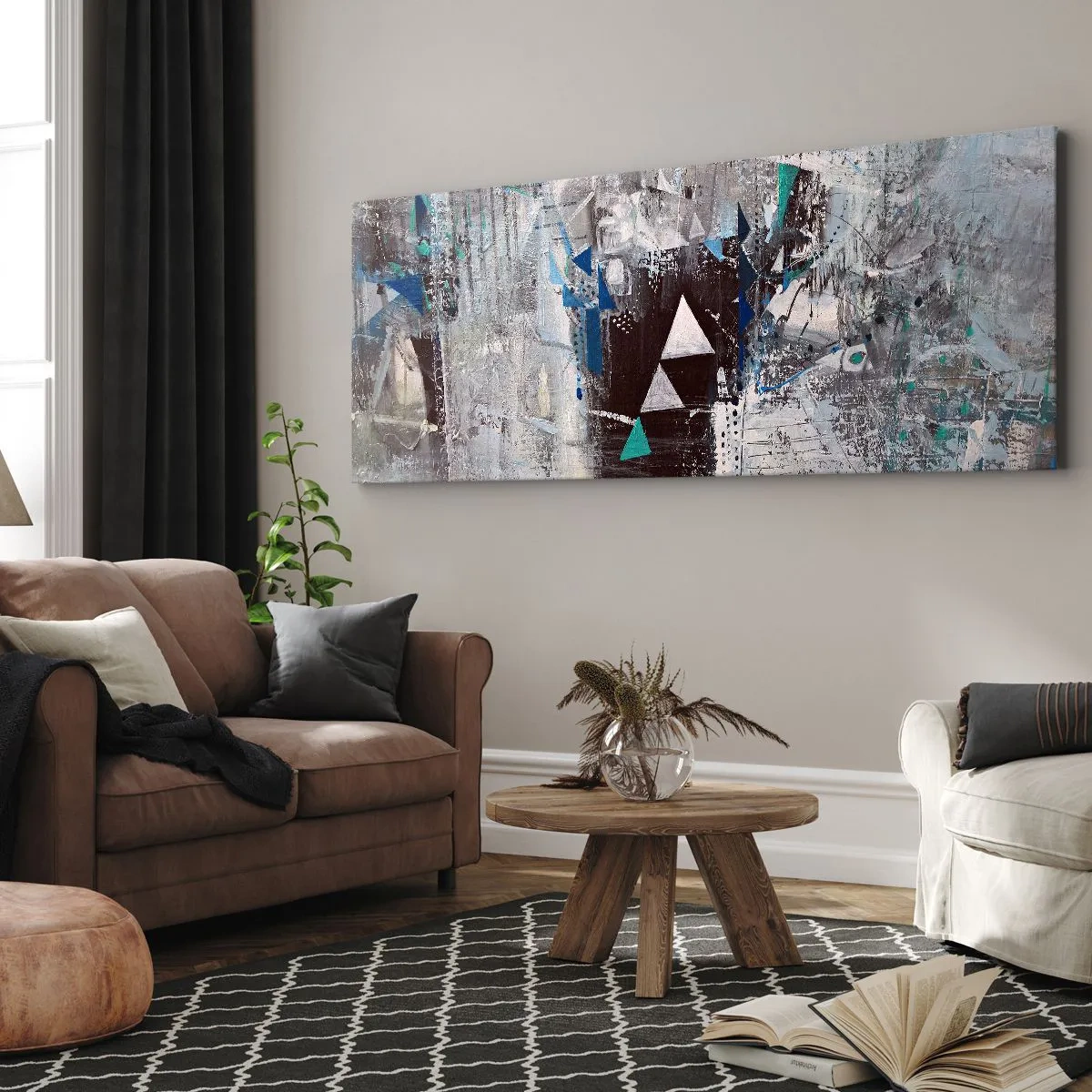 Impression sur toile - Image sur toile - Composition abstraite avec des triangles et des motifs géométriques - 140x50cm - Ordre prioritaire des triangles - Décoration murale moderne pour le salon et la chambre ARTTOR