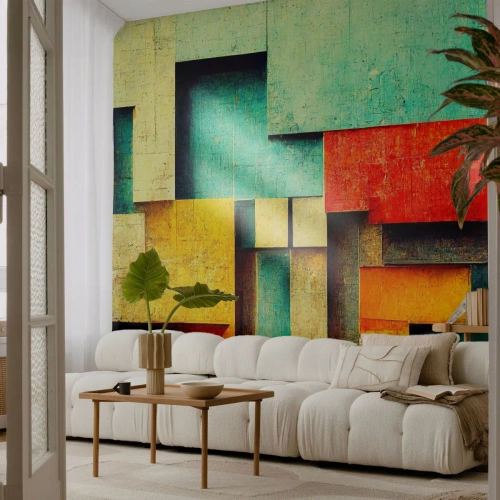 Papier Peint Photo Standard Eco - Composition géométrique colorée de rectangles - 100x70cm - Festival des angles droits - Décoration murale moderne pour le salon et la chambre ARTTOR