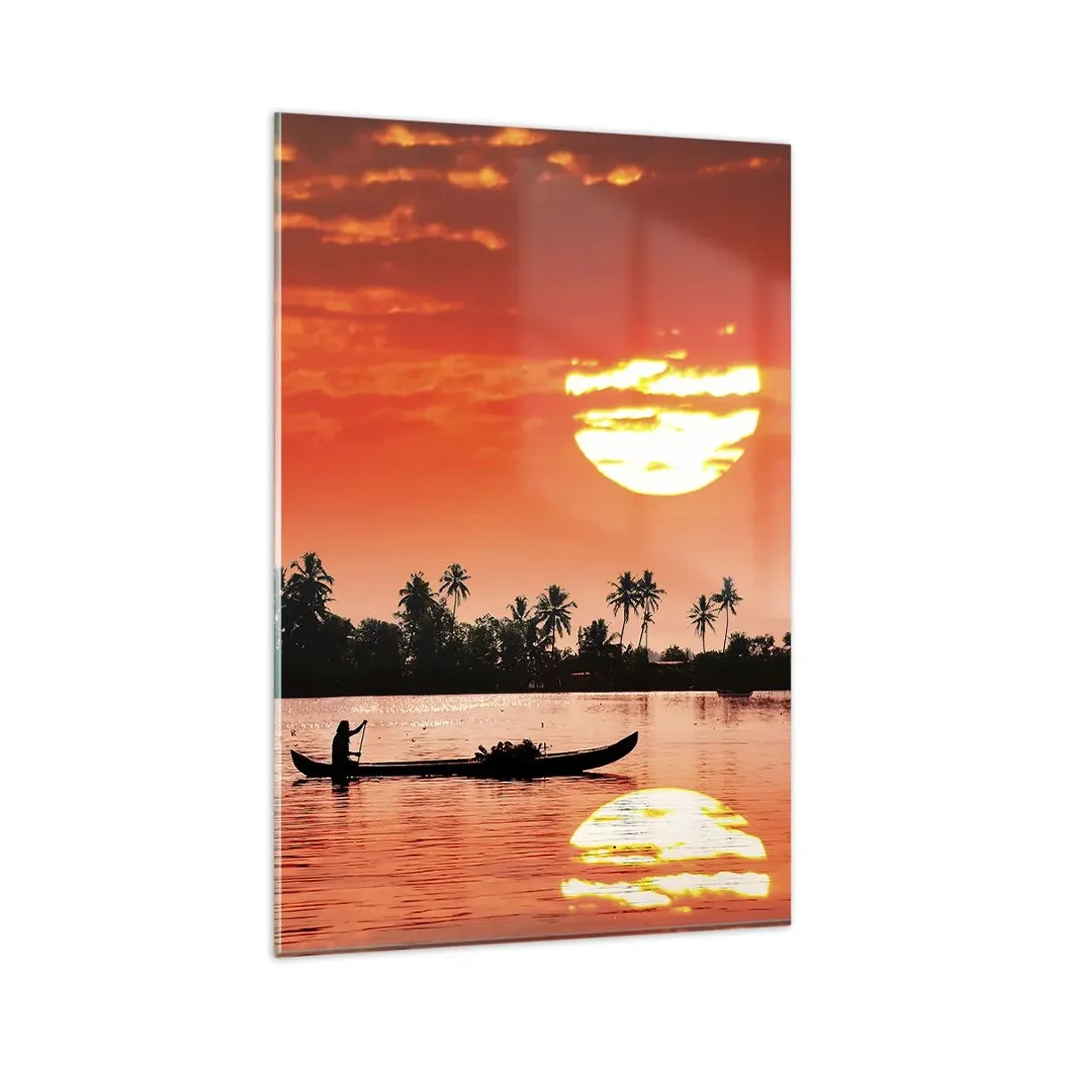 Impression sur verre - Image sur verre - Coucher de soleil tropical avec un bateau et des palmiers en arrière-plan - 80x120cm - La tranquillité des tropiques au coucher du soleil - Décoration murale moderne pour le salon et la chambre ARTTOR