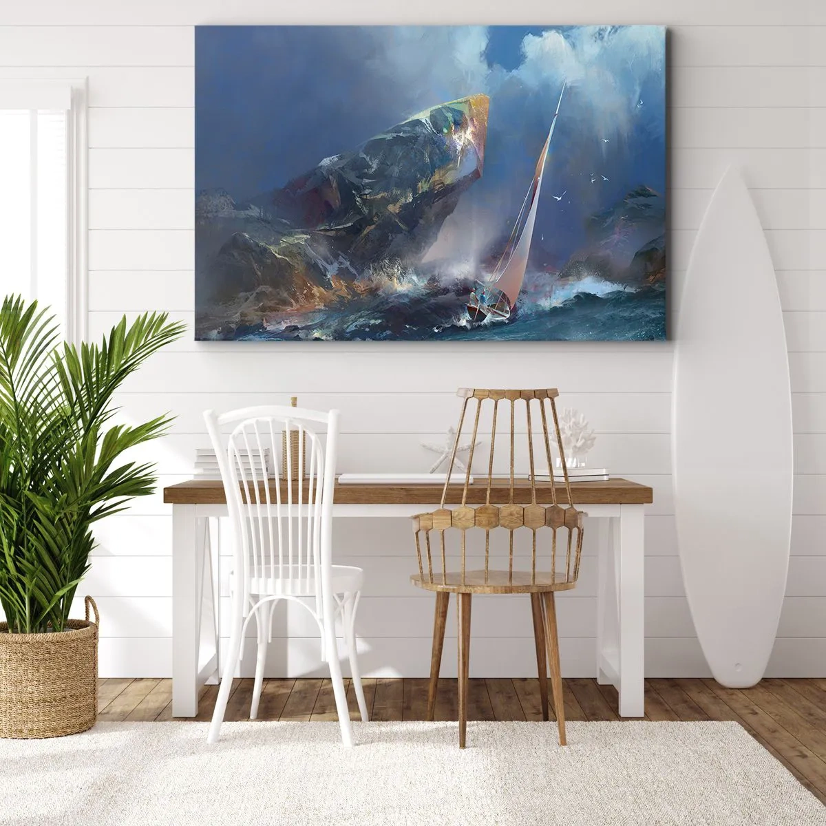 Impression sur toile - Image sur toile - Un voilier dans une tempête au pied d'un rocher massif - 100x70cm - Celui qui est courageux, gagne - Décoration murale moderne pour le salon et la chambre ARTTOR