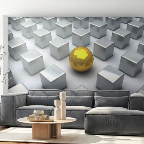 Papier Peint Photo Premium Sand - Une boule d'or parmi des cubes d'argent - 100x70cm - Pourquoi moi? Composition géométrique - Décoration murale moderne pour le salon et la chambre ARTTOR