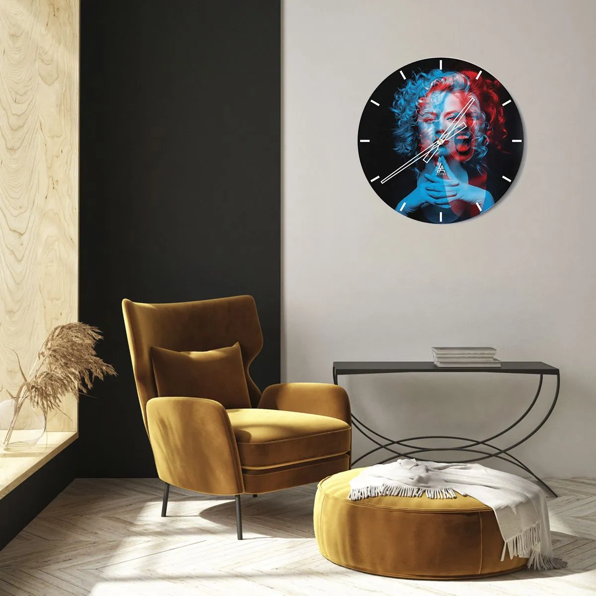 Horloge murale - Pendule murale - Femme à effet 3D aux couleurs bleu et rouge - 30x30cm - Alter ego - Décoration murale moderne pour le salon, la cuisine et la chambre ARTTOR