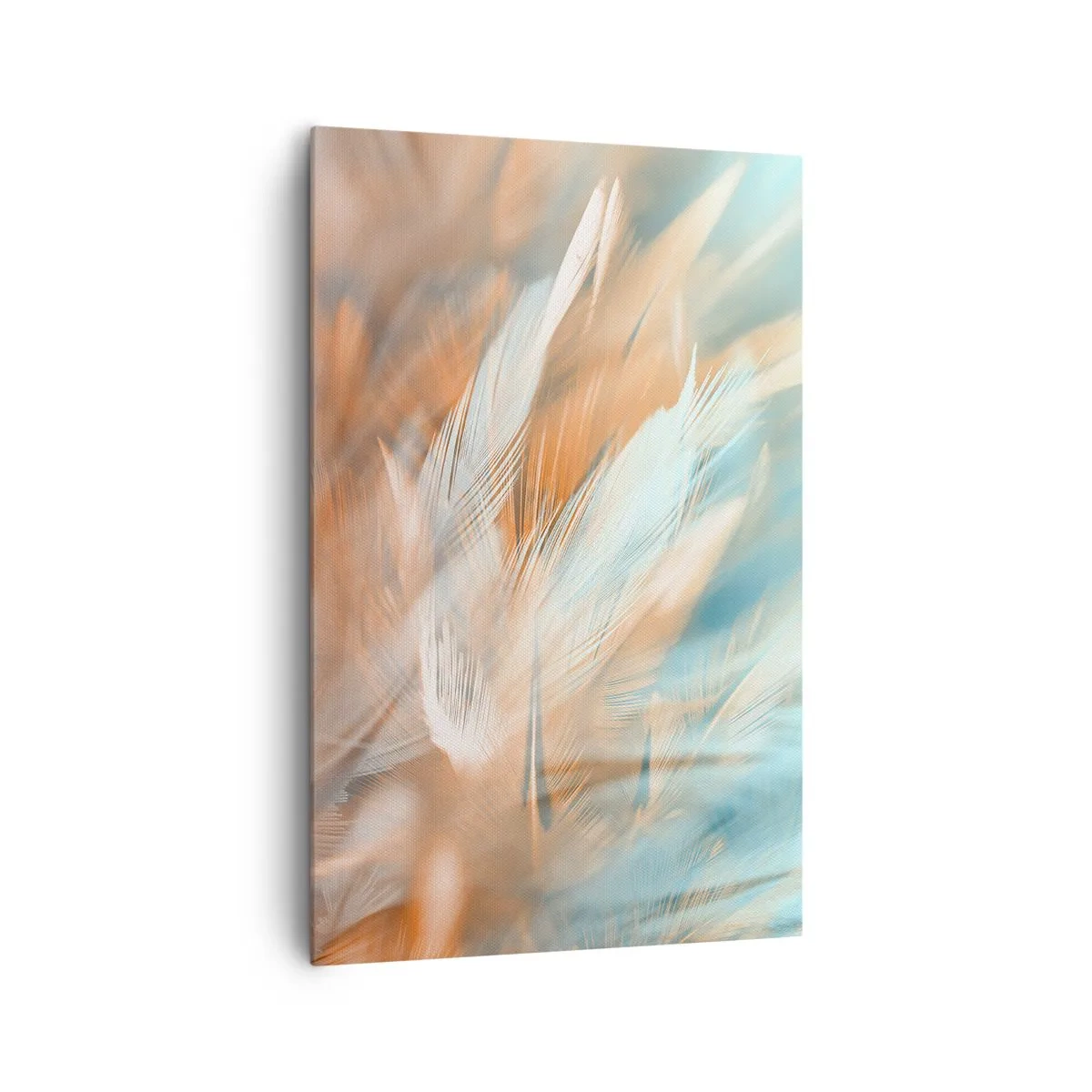 Impression sur toile - Image sur toile - Plumes délicates dans des tons pastel de bleu et d'orange - 80x120cm - Au pays de la douceur - Décoration murale moderne pour le salon et la chambre ARTTOR