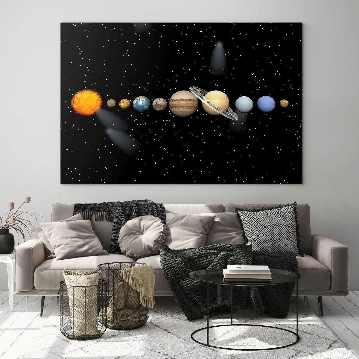 Impression sur verre - Image sur verre - Le système solaire sur fond d'étoiles dans l'espace - 120x80cm - Et les planètes sont folles, sont folles... - Décoration murale moderne pour le salon et la chambre ARTTOR