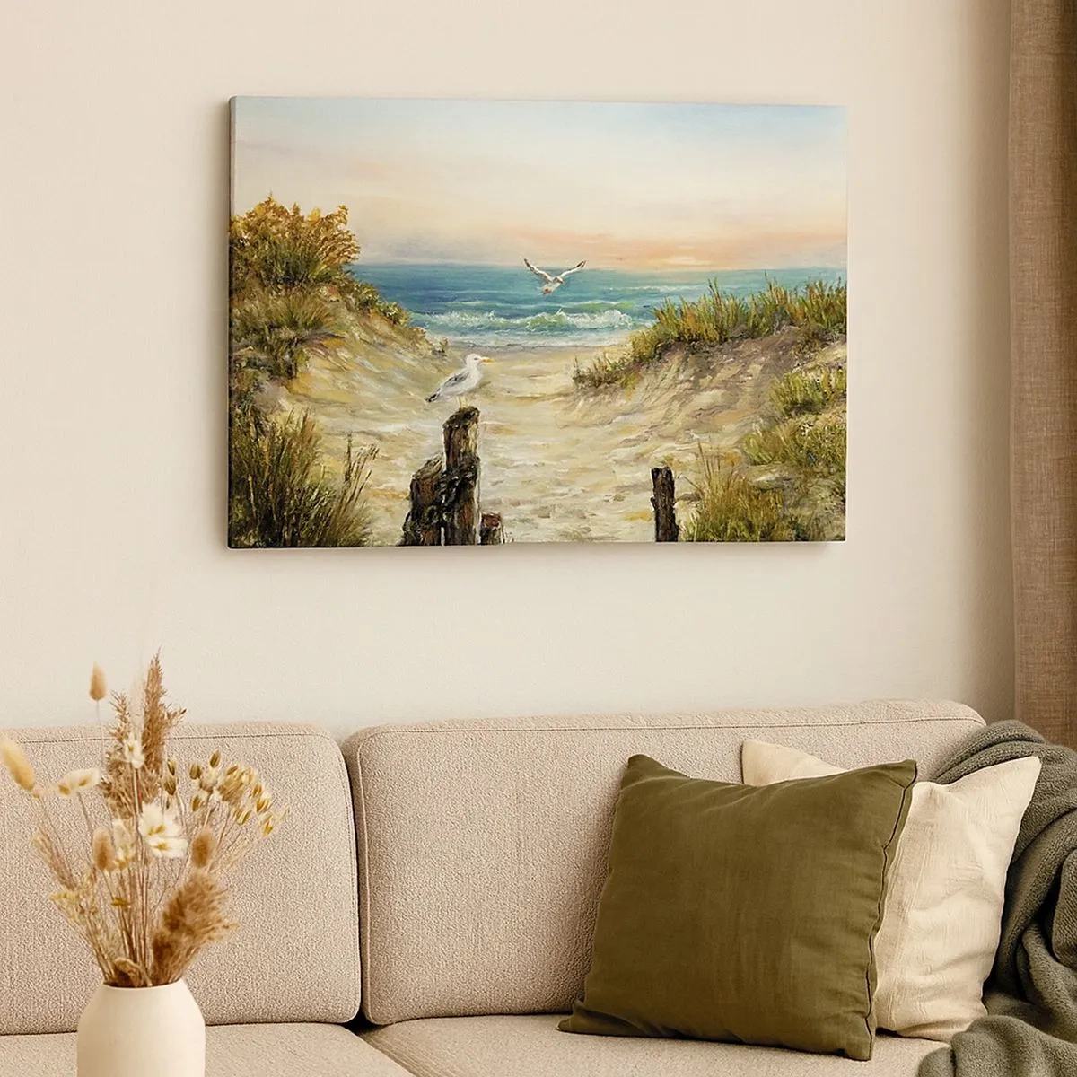Impression sur toile - Image sur toile - Côte avec mouettes et dunes au coucher du soleil - 70x50cm - Retraite au calme - Décoration murale moderne pour le salon et la chambre ARTTOR