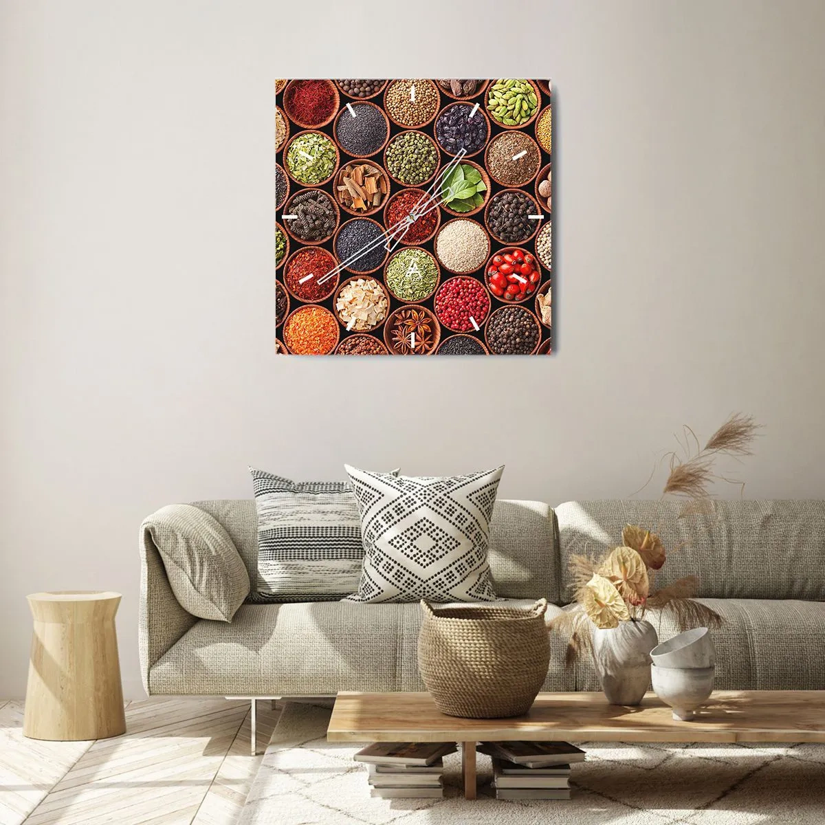 Horloge murale - Pendule murale - Épices colorées dans des récipients ronds - 30x30cm - Toutes les saveurs du monde - Décoration murale moderne pour le salon et la chambre ARTTOR