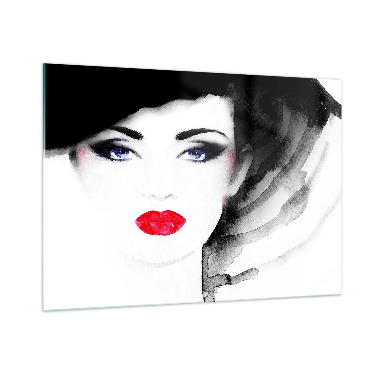Impression sur verre - Image sur verre - Portrait d'une femme aux lèvres rouges expressives et au chapeau noir - 100x70cm - Elle repousse et attire - Décoration murale moderne pour le salon et la chambre ARTTOR