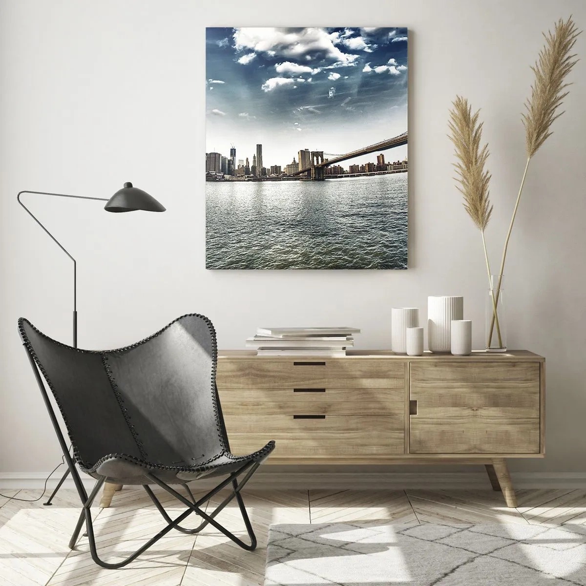 Impression sur verre - Image sur verre - Panorama de la ville avec un pont contre le ciel bleu - 80x120cm - L'île de verre - Décoration murale moderne pour le salon et la chambre ARTTOR