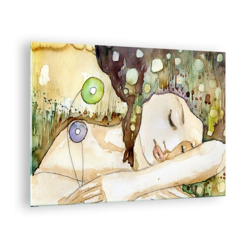 Impression sur verre - Image sur verre - Une femme endormie dans une aquarelle artistique aux couleurs chaudes. - 70x50cm - Un rêve violet émeraude - Décoration murale moderne pour le salon et la chambre ARTTOR