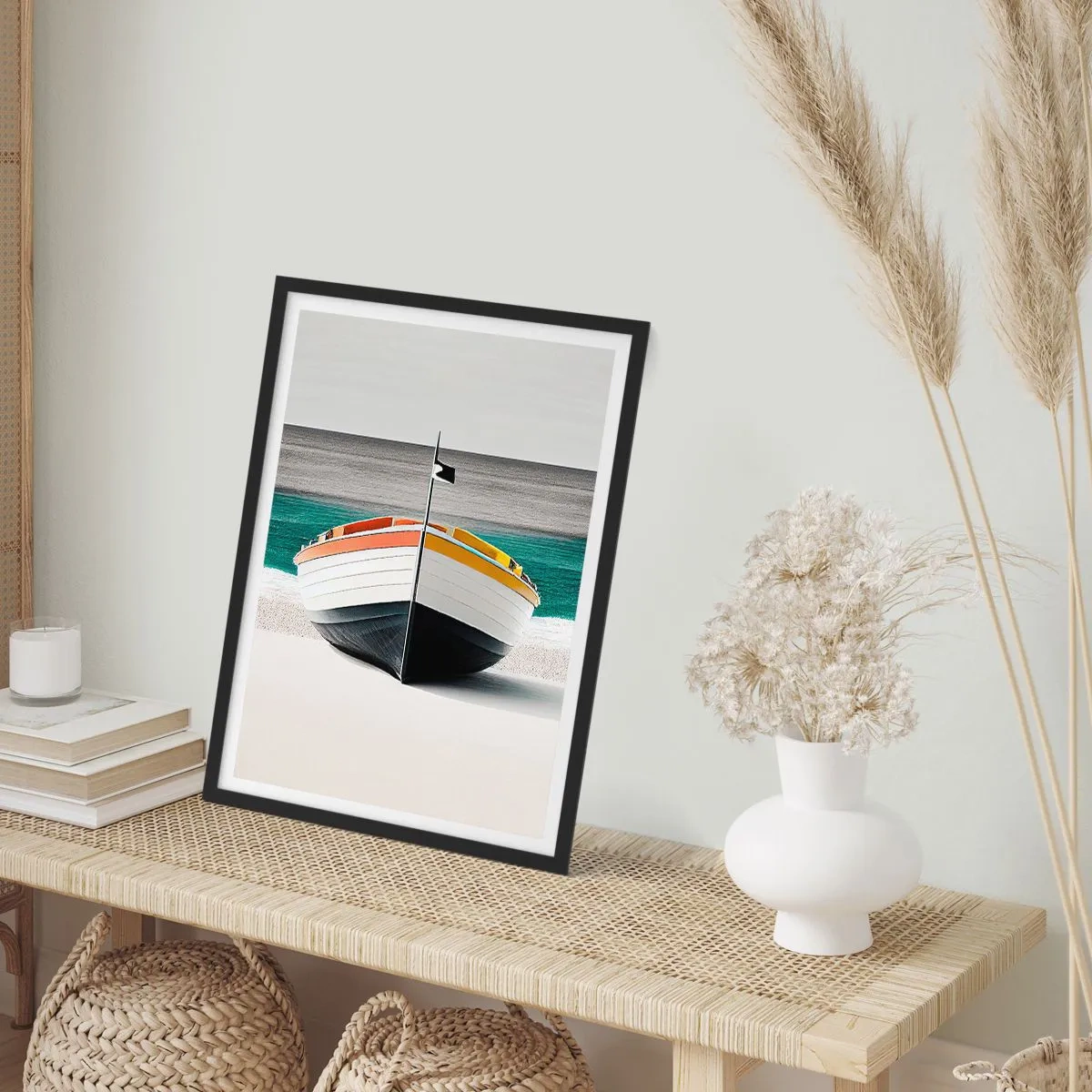 Affiche dans un cadre noir - Poster - Photographie couleur d'un bateau sur fond de mer et de sable. - 50x70cm - A sa place - Décoration murale moderne pour le salon et la chambre ARTTOR
