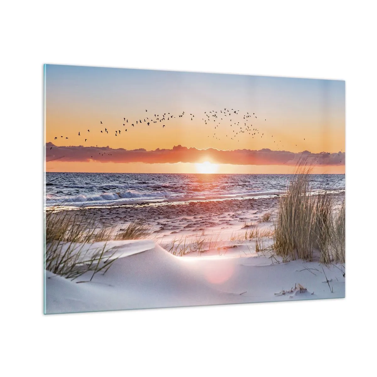 Impression sur verre - Image sur verre - Coucher de soleil sur la mer avec des oiseaux et des dunes de sable - 100x70cm - Paysage horizontal - Décoration murale moderne pour le salon et la chambre ARTTOR