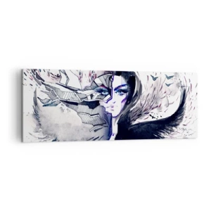 Impression sur toile - Image sur toile - Visage abstrait avec des éléments contrastés et un motif d'aile - 140x50cm - Démoniaque et belle - Décoration murale moderne pour le salon et la chambre ARTTOR