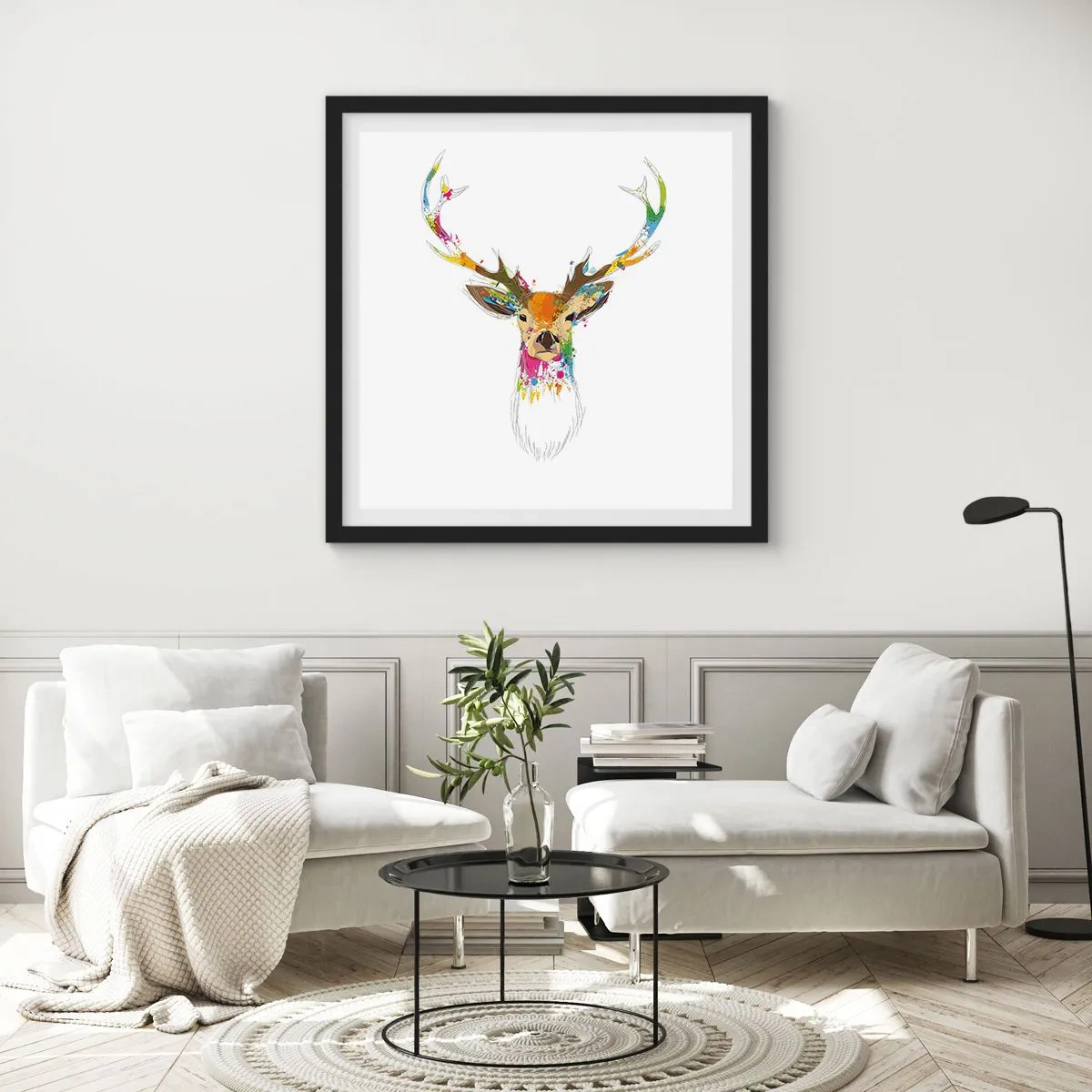 Affiche dans un cadre noir - Poster - Un cerf doux baigné de couleur - 50x50 cm