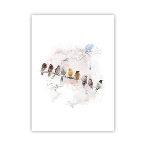 Affiche - Poster - Oiseaux assis sur une branche dans un style aquarelle - 50x70cm - Rencontre ailée - Décoration murale moderne pour le salon et la chambre ARTTOR