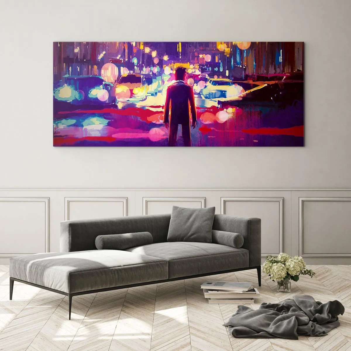 Impression sur verre - Image sur verre - Un homme dans une scène nocturne de ville au néon - 160x50cm - Immergé dans la lumière - Décoration murale moderne pour le salon et la chambre ARTTOR