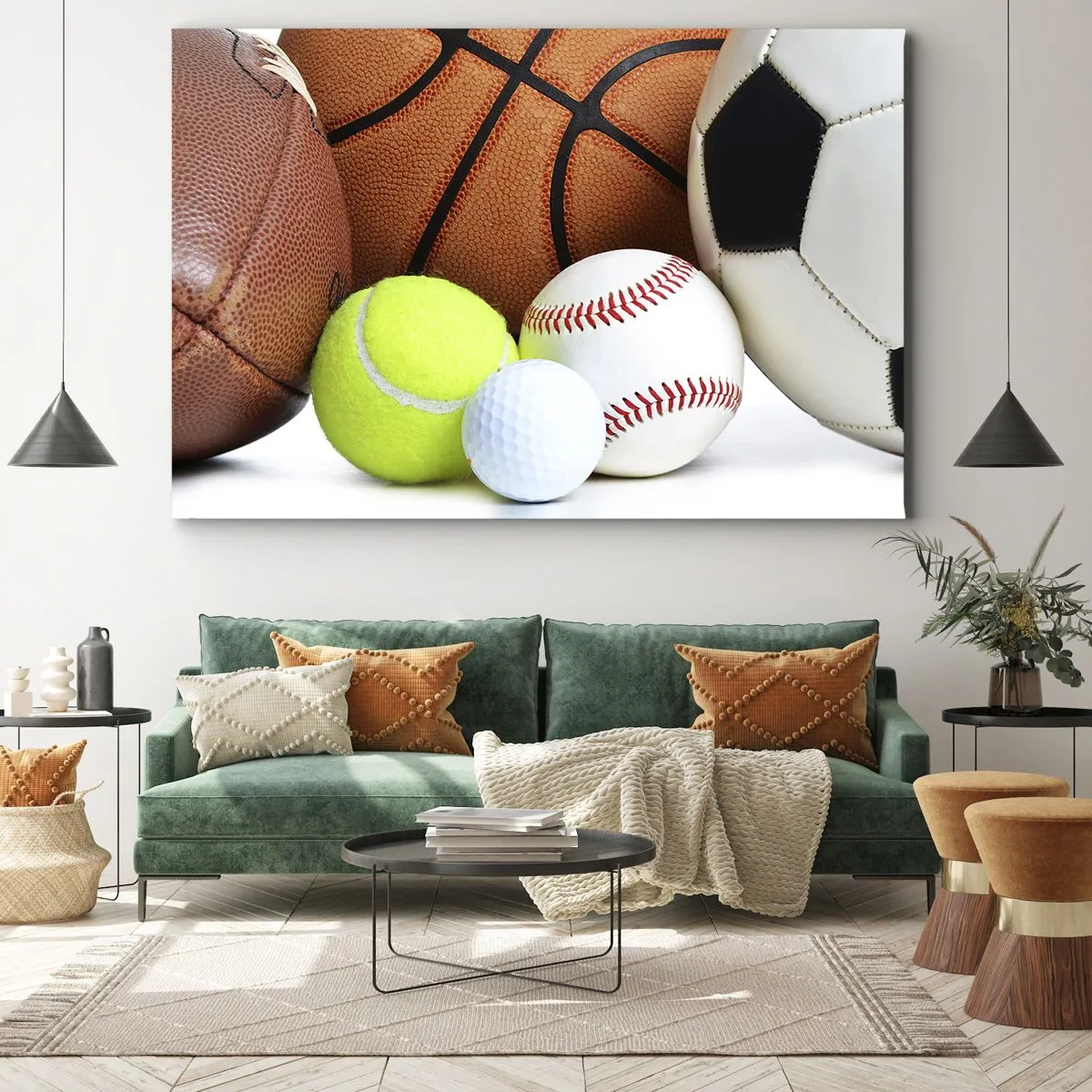Impression sur toile - Image sur toile - Ballons de diverses disciplines sportives - 120x80cm - Le football nous connecte ! - Décoration murale moderne pour le salon et la chambre ARTTOR