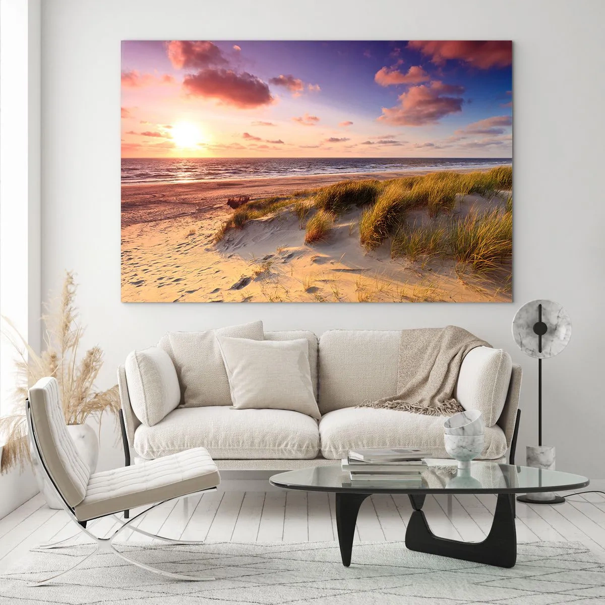 Impression sur verre - Image sur verre - Plage avec dunes au coucher du soleil - 120x80cm - L'air sent déjà l'été - Décoration murale moderne pour le salon et la chambre ARTTOR