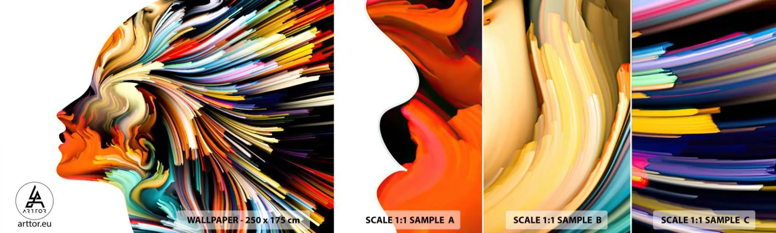 Échantillon de Papier Peint Autocollant Deluxe Sticker - Une explosion d'imaginaire - Abstraction, Femme, Graphique - 100x30 cm