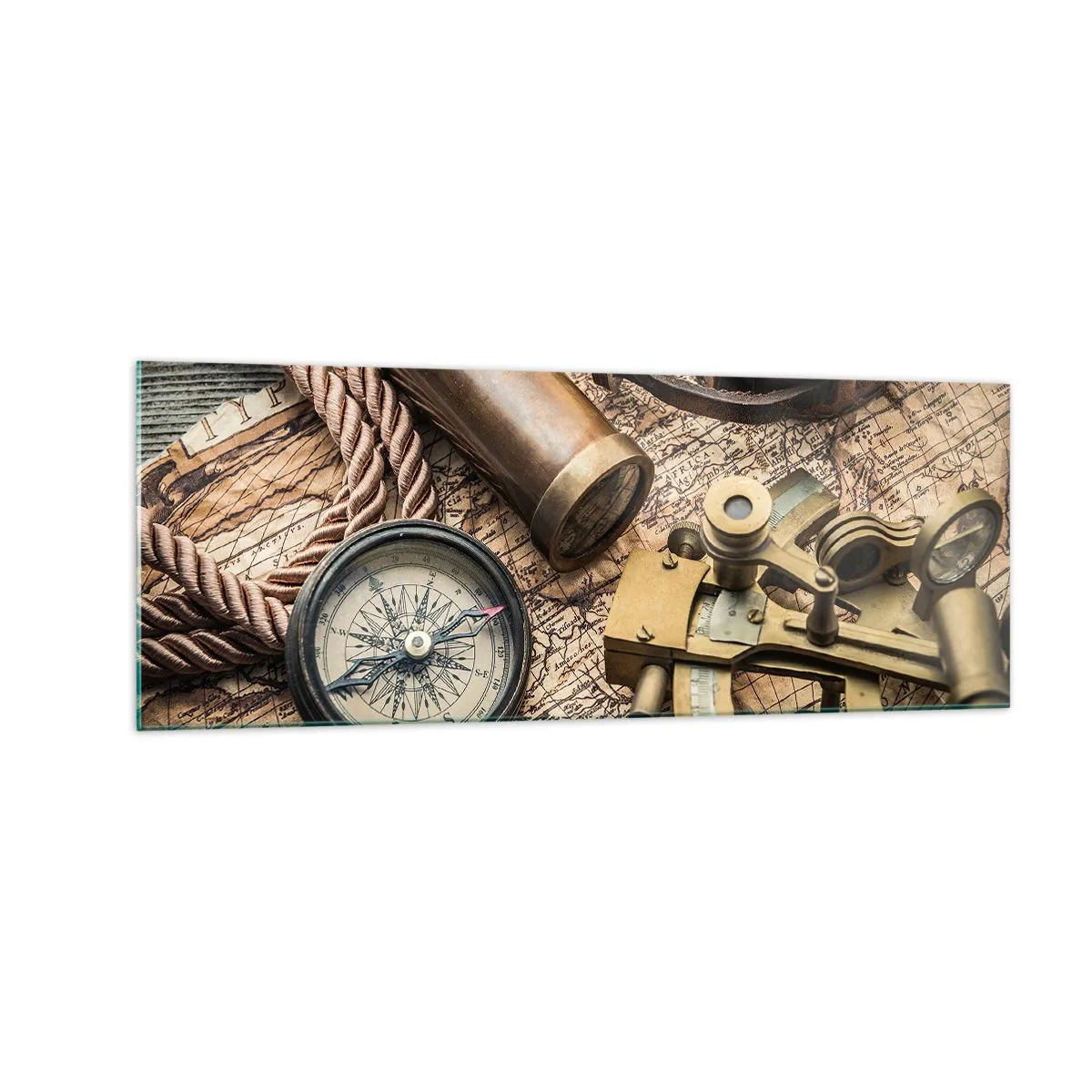 Impression sur verre - Image sur verre - Une boussole, un sextant et un télescope sur fond de vieille carte et de corde nautique. - 140x50cm - Fixer un cap - Décoration murale moderne pour le salon et la chambre ARTTOR