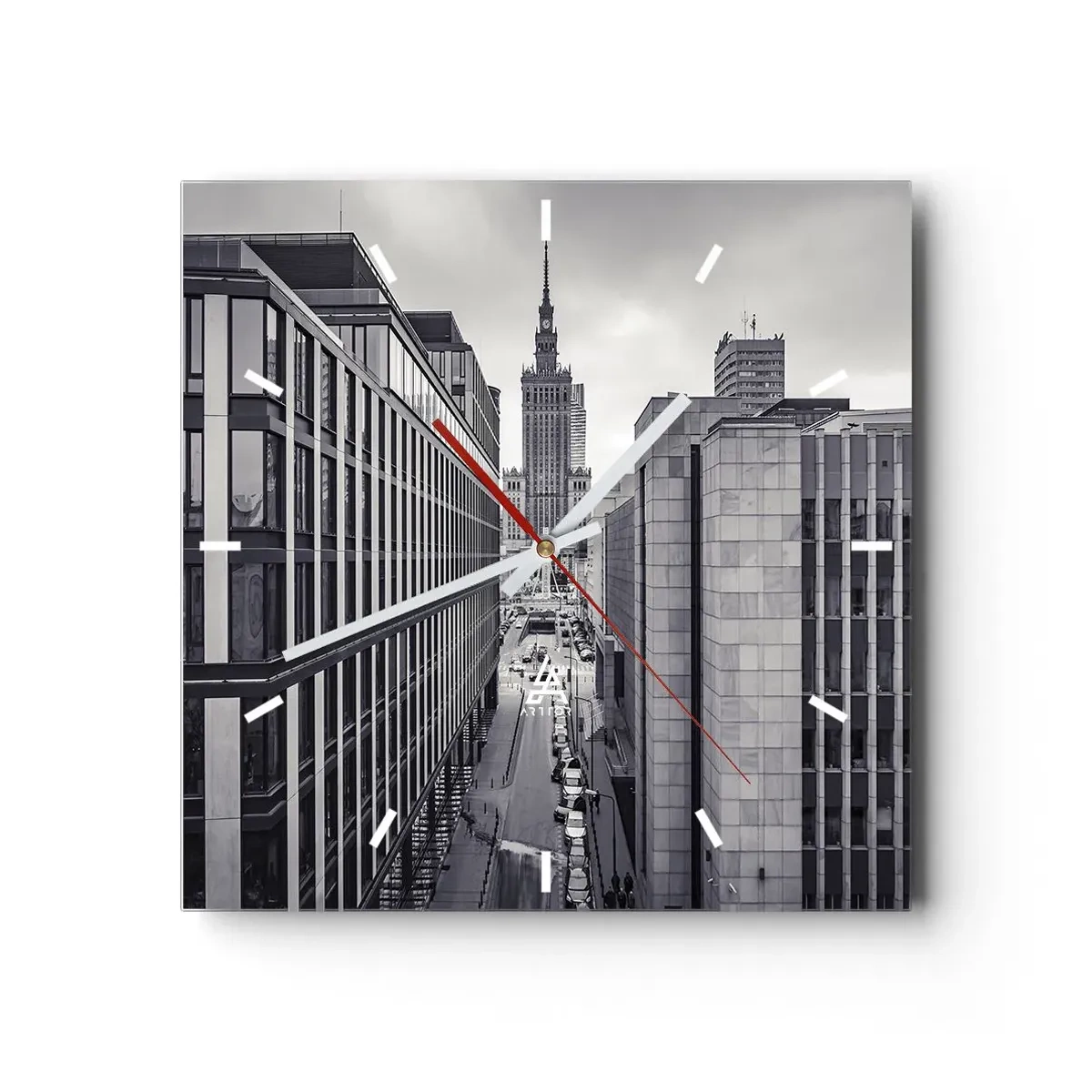 Horloge murale - Pendule murale - Panorama de Varsovie avec vue sur le Palais de la Culture et les bâtiments environnants - 30x30cm - Vallée de Varsovie - Décoration murale moderne pour le salon et la chambre ARTTOR