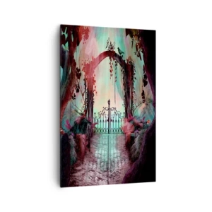 Impression sur toile - Image sur toile - Une entrée magique avec un portail en fer forgé entouré d'une végétation mystérieuse - 80x120cm - Jardin secret - Décoration murale moderne pour le salon et la chambre ARTTOR